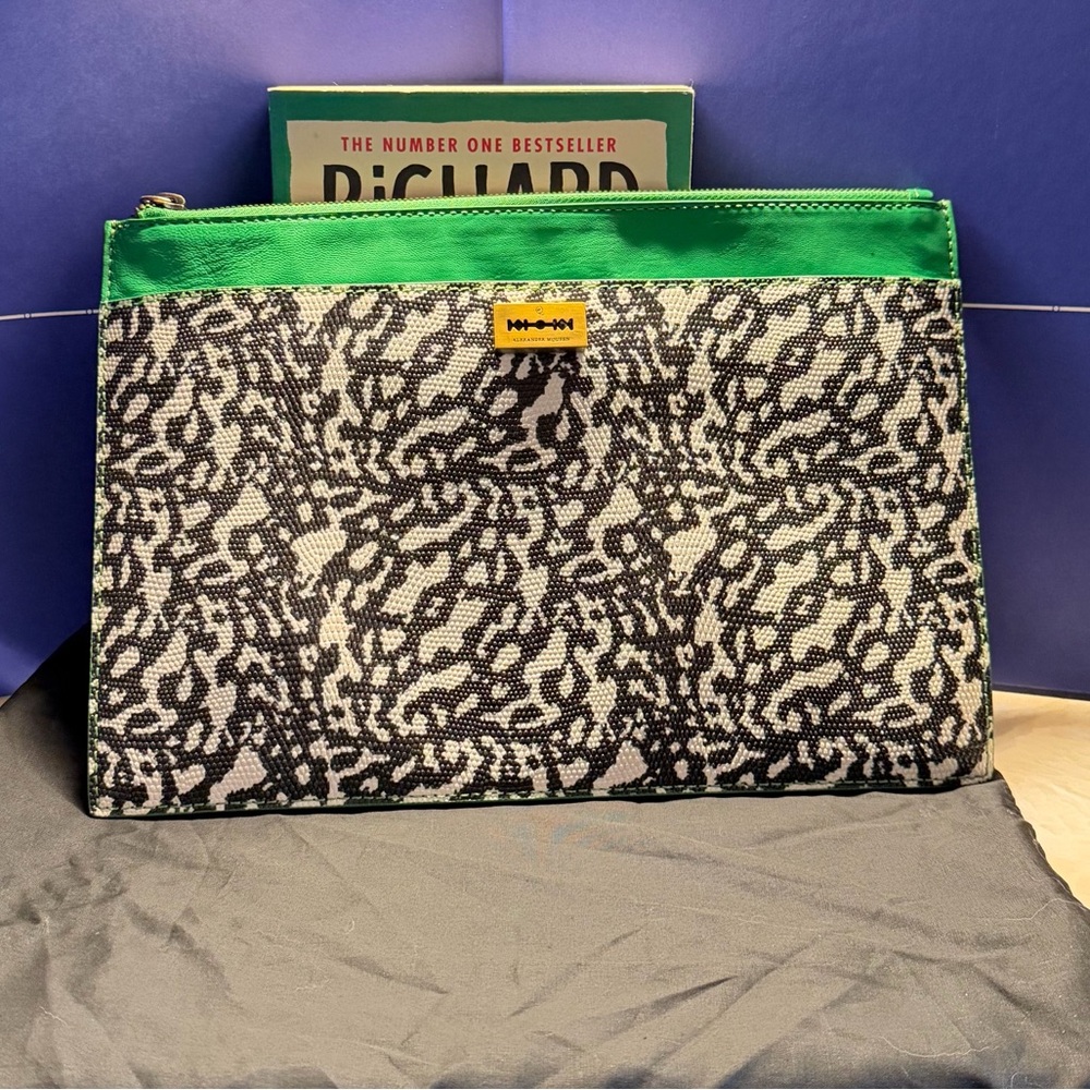 Alexander McQueen Black & White Patterned Toiletry Pouch with Green Trim NWT
